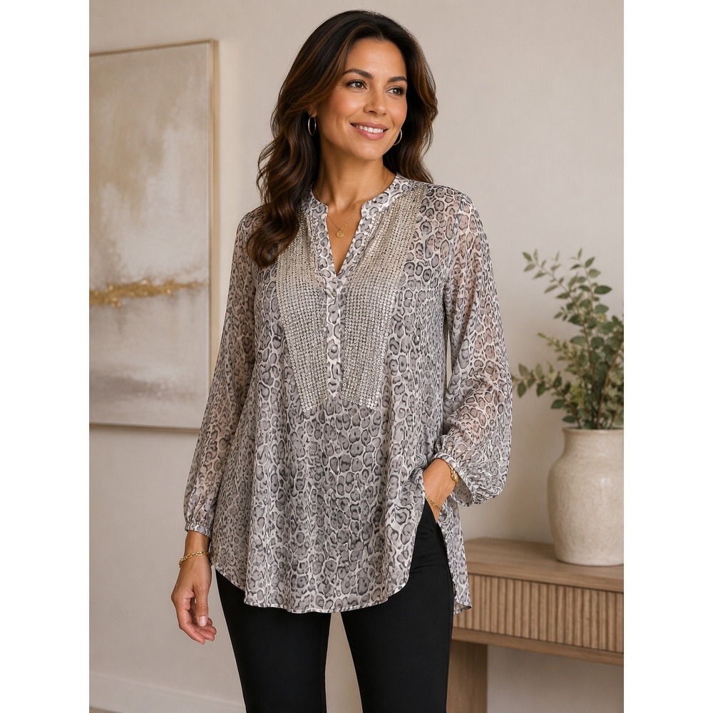 Charter Club Woman Grey‎ Leopard Print Sequin V-Neck Tunic Blouse 20W